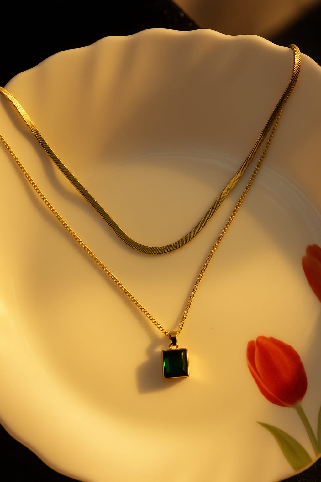 Golden Pendant with Green Diamond – Elegant Minimalist Charm
